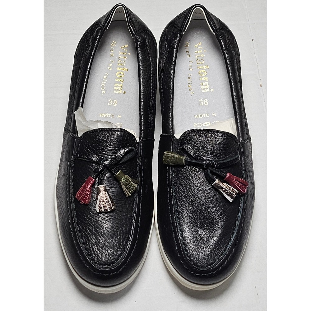 Vitaform Black Leather Tassel Loafers Slip On Low Wedge Shoes Womens 7.5W/38H